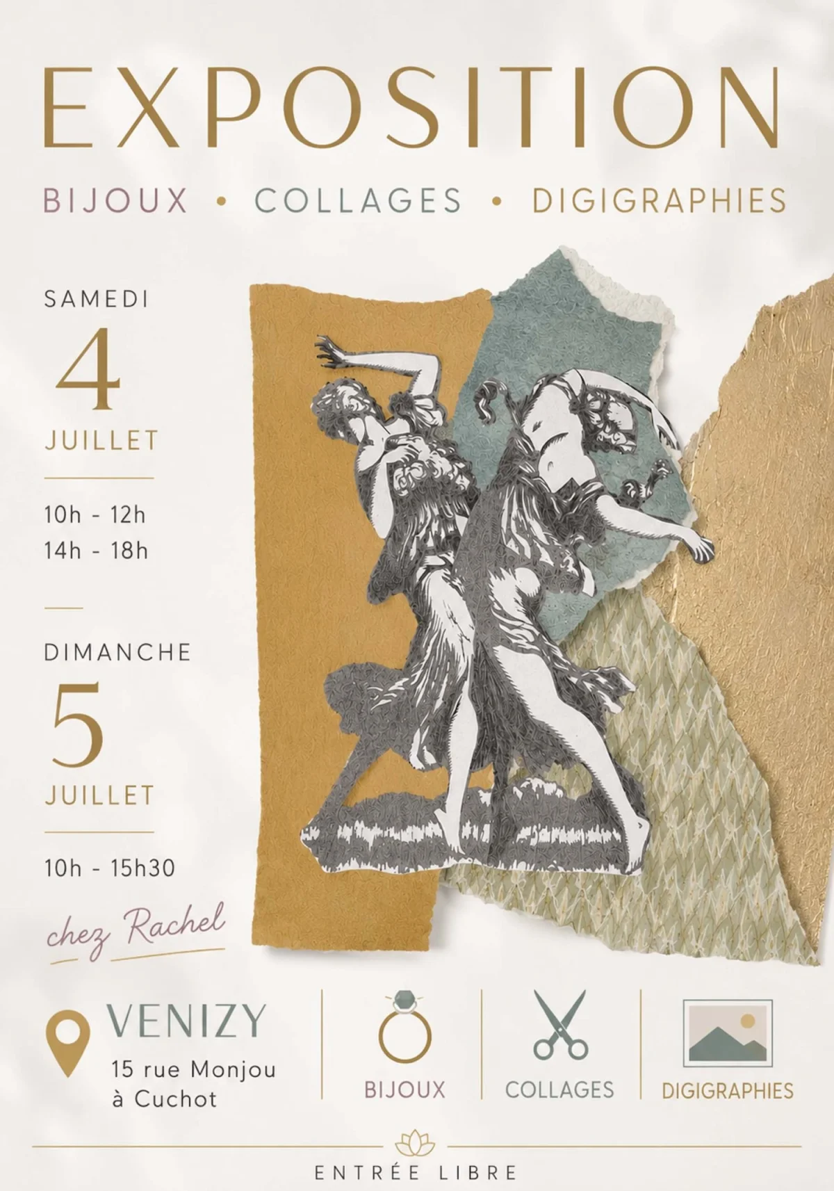 Exposition : 3 invitations en une – Venizy (Chez Rachel Debreuve à Cuchot) (affiche de l’événement)