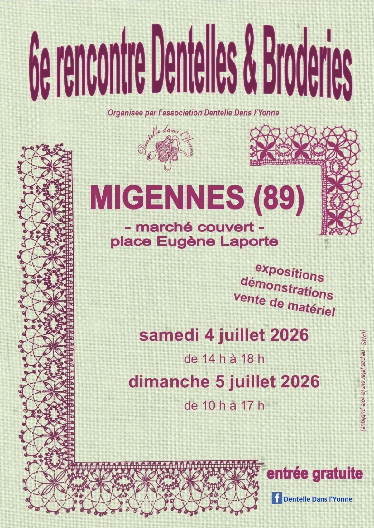 6ème rencontre Dentelles et Broderies – Migennes (Marché couvert) (affiche de l’événement)