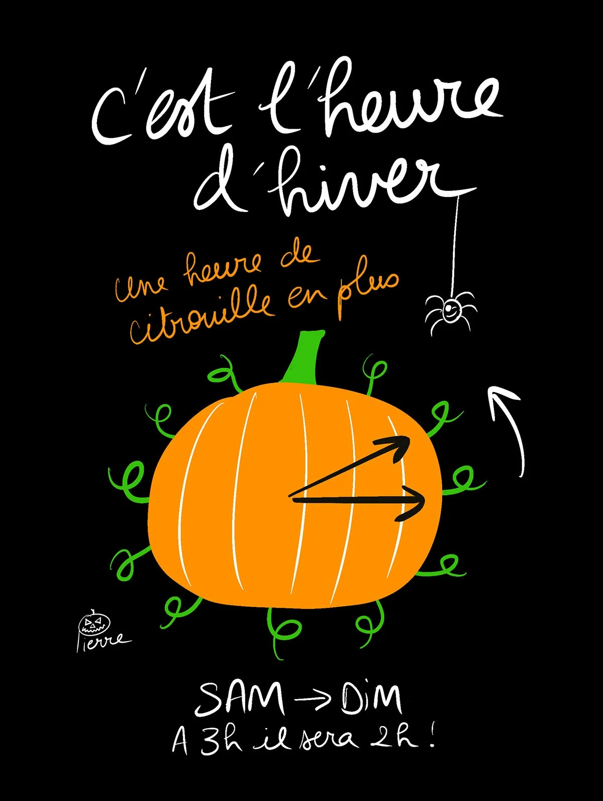 "C'est l'heure d'hiver, et ça fait une heure de citrouille en plus !" Bref, dimanche à 3h, il sera 2h. – Dans l'Yonne et partout ailleurs en France (Tout le monde) (affiche de l’événement)