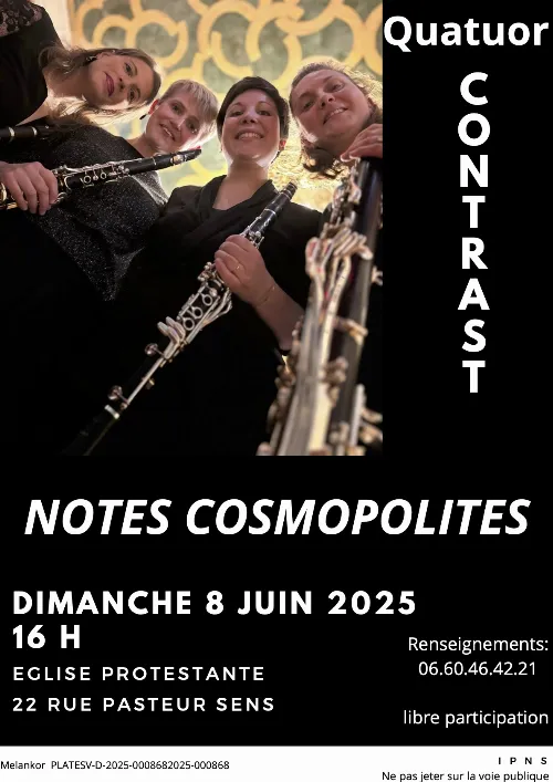 Concert :  "Notes cosmopolites" par le Quatuor Contrast (quatuor de clarinettes) – Sens (Eglise protestante) (affiche de l’événement)