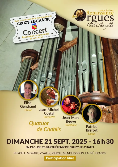 Concert avec le Quatuor de Chablis (orgue, trompette, trombone et chant / œuvres de Purcell, Mozart, Vivaldi, Vierne, Mendelssohn, Fauré, Franck) – Cruzy-le-Châtel (Eglise Saint-Barthélemy) (affiche de l’événement)