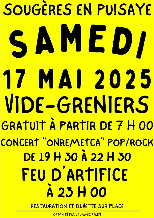 Fête des Fleurs : Vide-greniers + Concert avec le groupe "On remet ça" (pop-rock) + Feu d'artifice – Sougères-en-Puisaye (Place de l'Eglise et salle des fêtes) (affiche de l’événement)