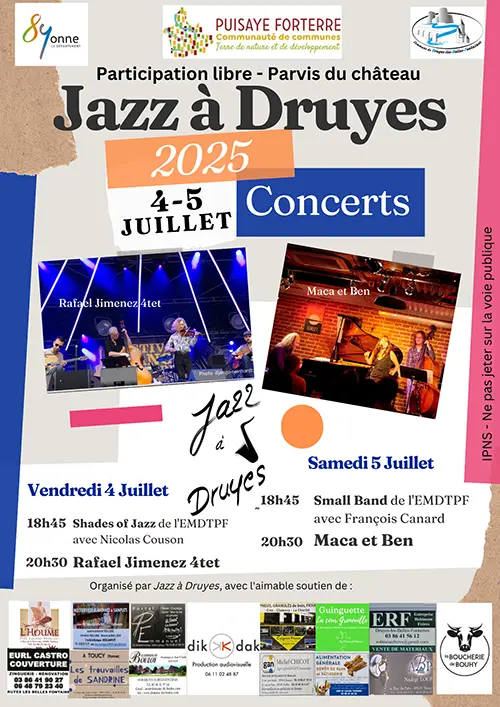 5ème édition de Jazz à Druyes : concert avec  Rafael Jimenez 4tet  (jazz manouche) + Shades of Jazz de l'EMDTPF avec Nicolas Couson  (en 1ère partie) – Druyes-les-Belles-Fontaines (Parvis du château) (affiche de l’événement)