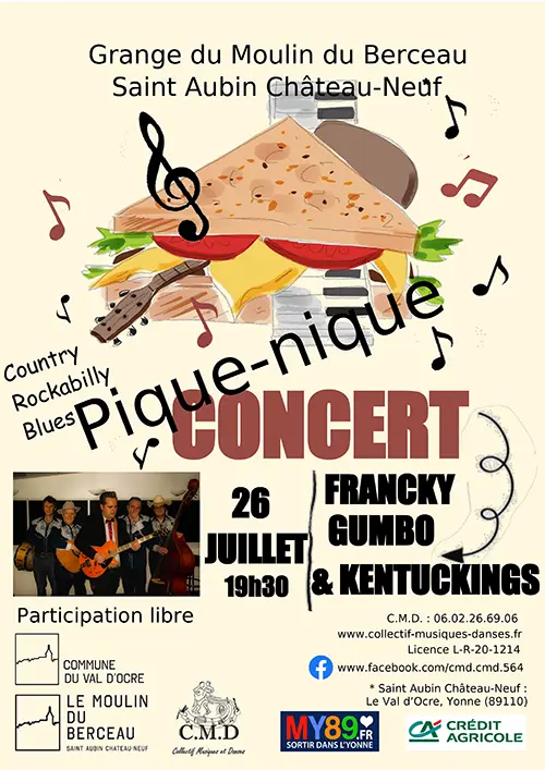 Pique-nique concert avec Francku Gumbo (Rock) et Swing (Rockabilly) – Saint-Aubin-Château-Neuf / Le Val d'Ocre (Moulin du Berceau) (affiche de l’événement)