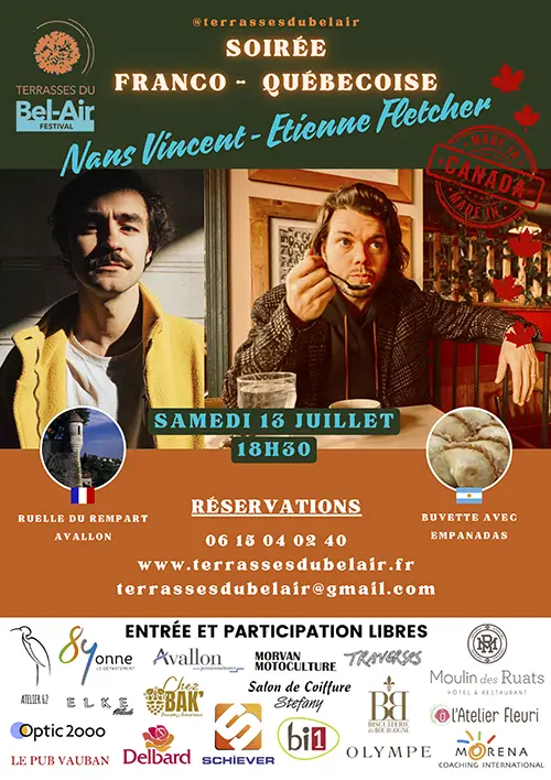 Soirée Franco-Québécoise : Concerts avec Nans Vincent et Etienne Fletcher et son quatuor (Rock, pop, blues et poésie à énergie contagieuse et fougue rafraîchissante) dans le cadre du Festival Terrasses du Bel-Air – Avallon (Ruelle du Rempart) (affiche de l’événement)
