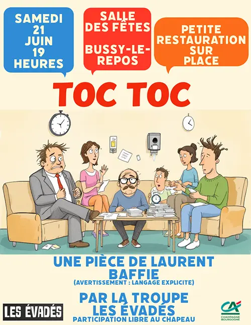 Théâtre : "Toc Toc" une pièce de Laurent Baffie (comédie) par la Compagnie Les Evadés – Bussy-le-Repos (Salle des fêtes) (affiche de l’événement)