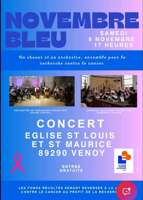 Concert gratuit au profit de la Ligue contre le cancer par l orchestre Vladimir Cosma et la chorale Vallkyrie – Venoy (Église) (affiche de l’événement)