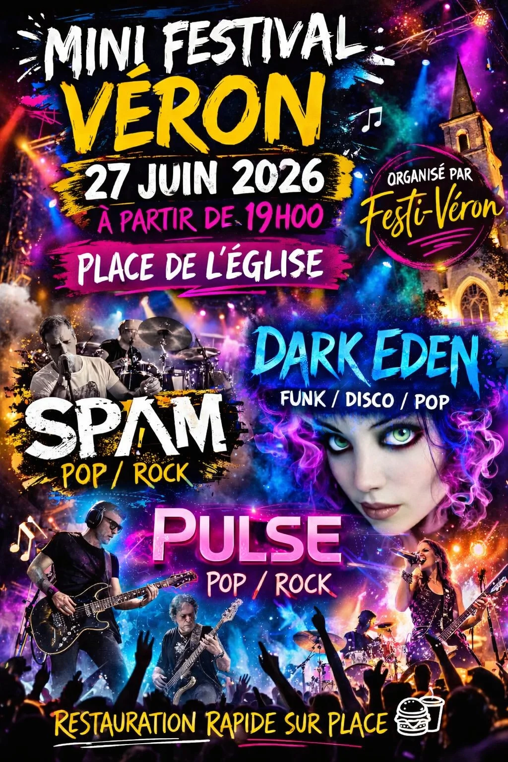 Apéro-concert avec trois groupes : Spam, Dark Eden et Pulse – Véron (Place de l'église) (affiche de l’événement)