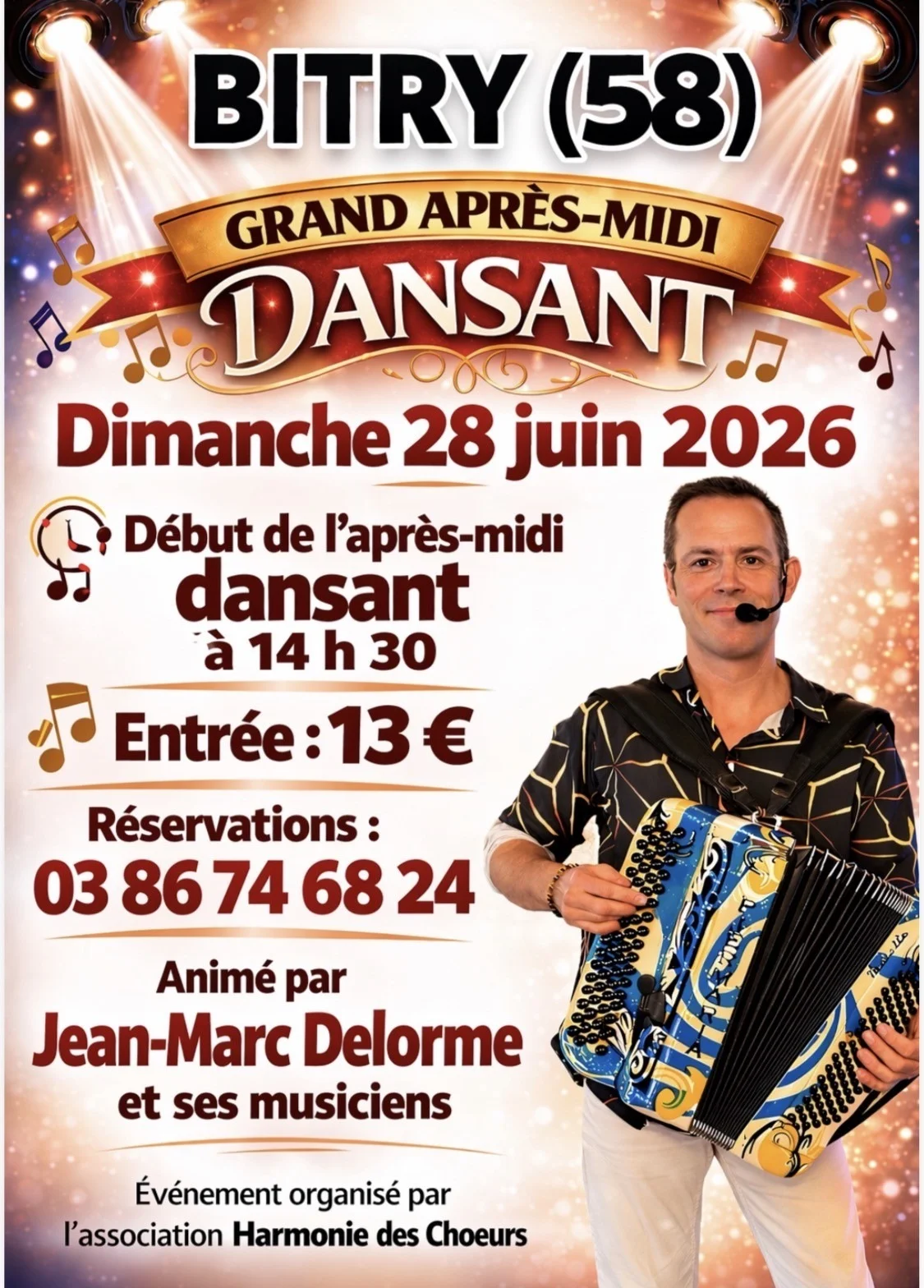 Après-midi dansante avec Jean-Marc Delorme et ses musiciens – Bitry / Nièvre (Salle Claude, Chazeau) (affiche de l’événement)
