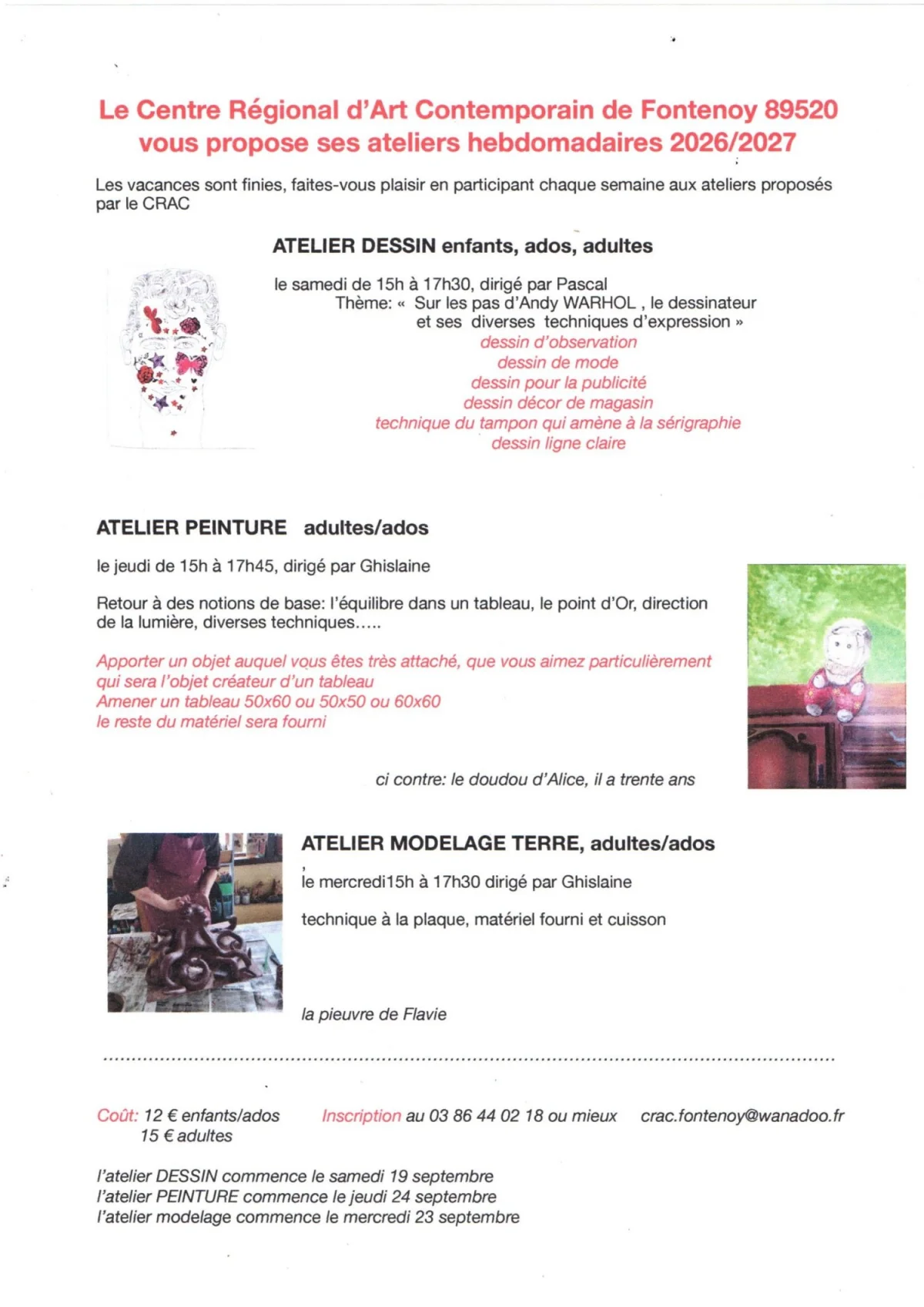 Atelier dessin "Sur les pas d’Andy Warhol, le dessinateur et ses diverses techniques d’expression" (pour enfants, ados, adultes) – Fontenoy (Centre Régional d'Art Contemporain / Château du Tremblay) (affiche de l’événement)