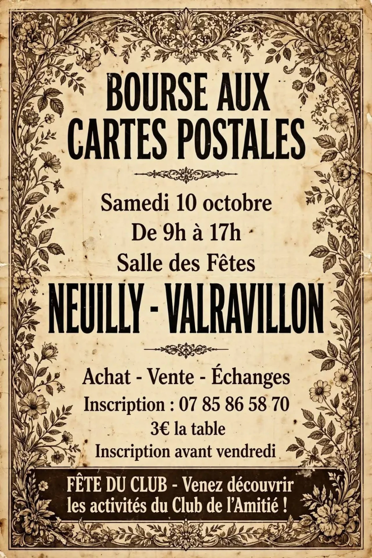 Bourse aux cartes postales – Neuilly - Valravillon 89113 (salle des fêtes de Neuilly) (affiche de l’événement)