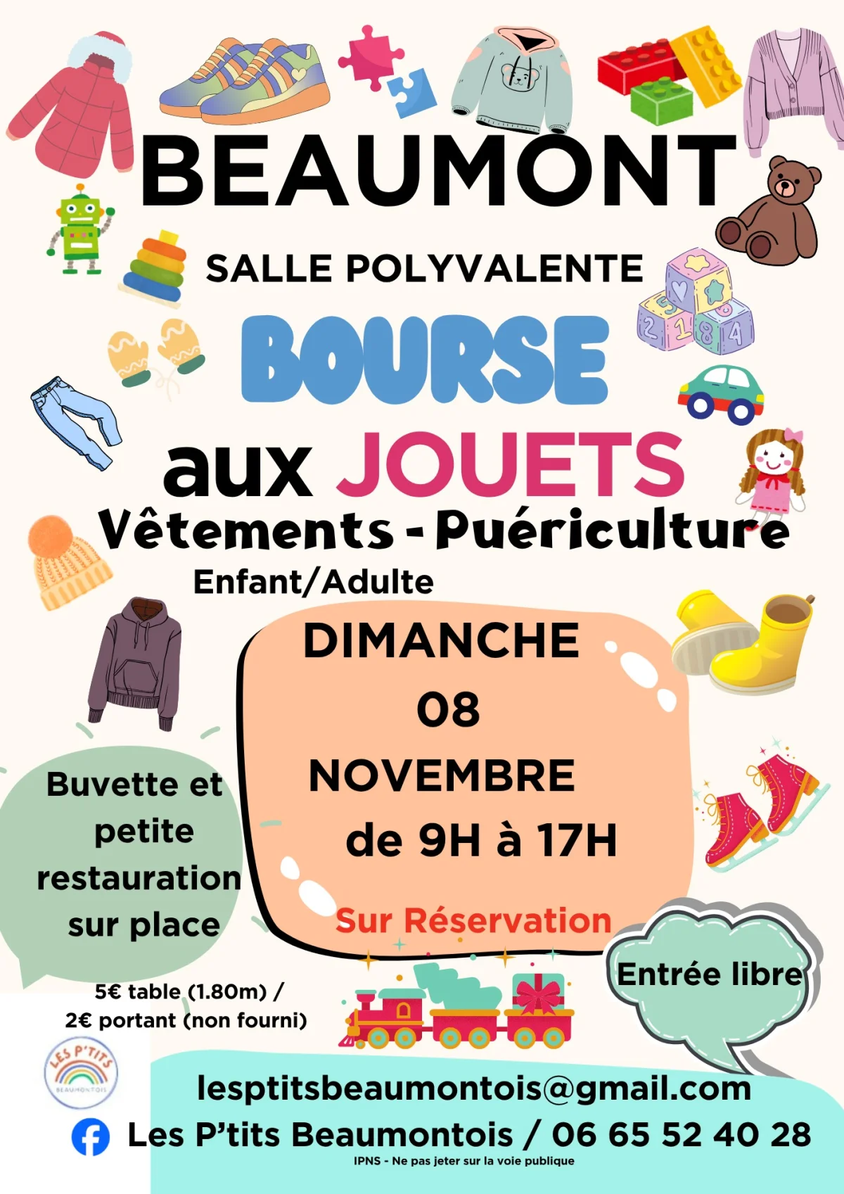 Bourse aux jouets et aux vêtements (adulte et enfant) et puériculture – Beaumont (Salle polyvalente) (affiche de l’événement)