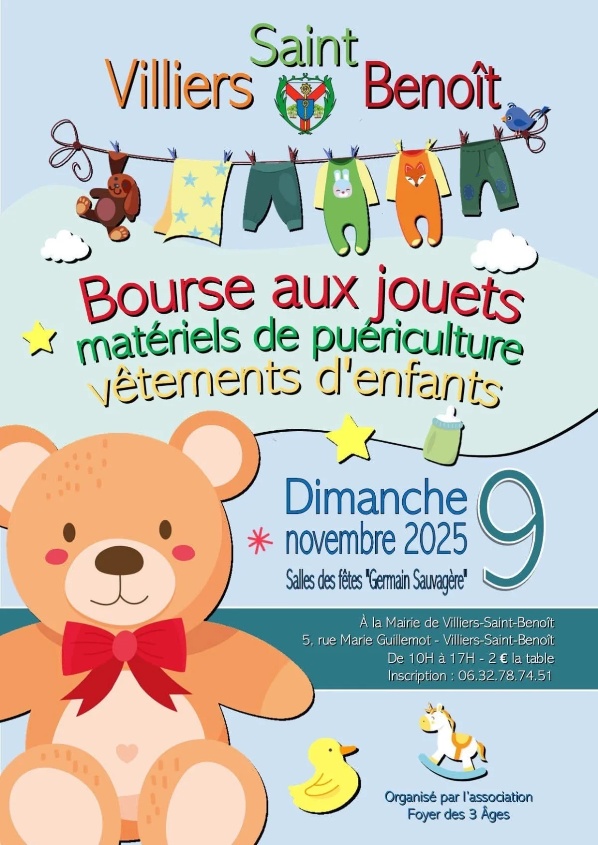 Bourse aux jouets, matériels de puériculture, vêtements d'enfants – Villiers Saint-Benoit (Salle des fêtes Germain Sauvage) (affiche de l’événement)