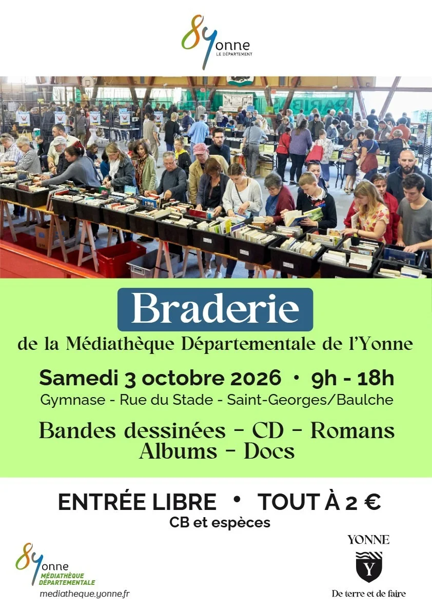 Braderie de la Médiathèque Départementale de l’Yonne – Saint-Georges-sur-Baulche (Gymnase de Saint-Georges) (affiche de l’événement)