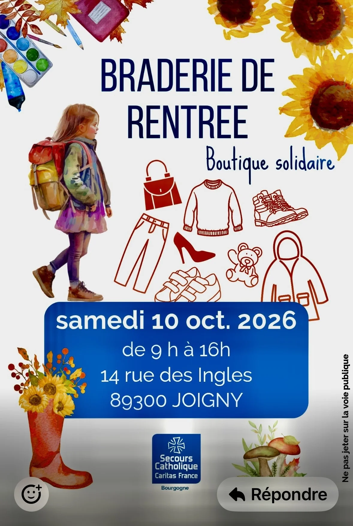 Braderie en boutique solidaire – Joigny (14 rue des Ingles) (affiche de l’événement)