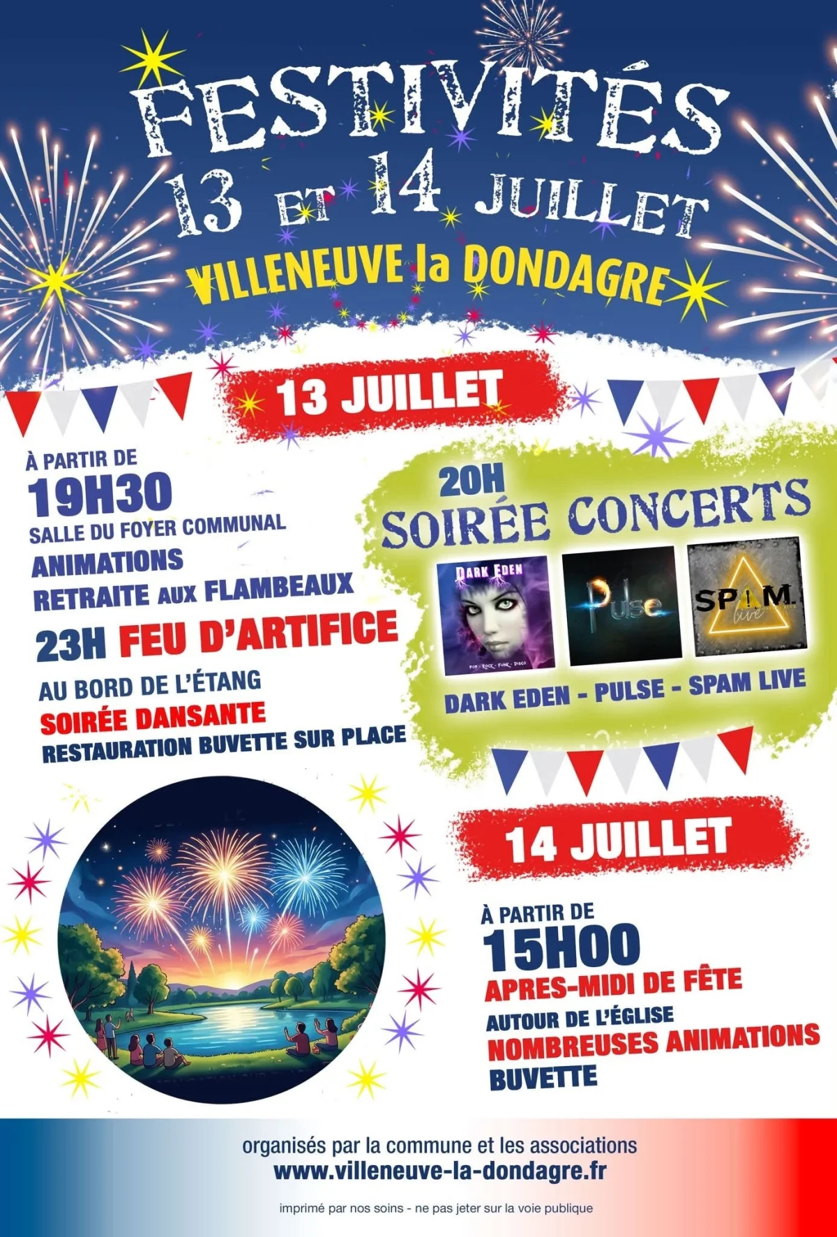 Concert des groupes Dark Eden, Spam et Pulse : 3 groupes, 3 styles, du rock, de la pop, du funk et du disco + feu d'artifice – Villeneuve la Dondagre (Au bord de l'étang) (affiche de l’événement)