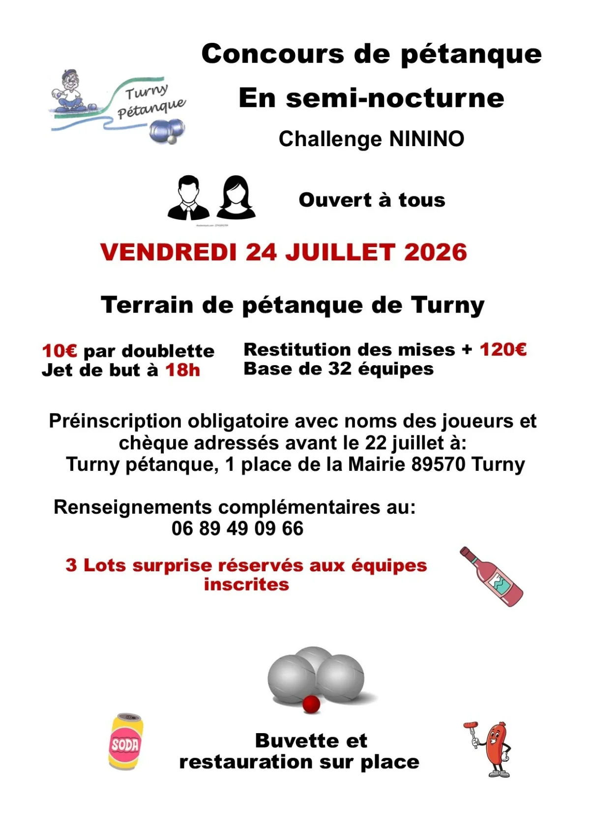 Concours de pétanque en semi-nocturne / Challenge Ninino / Doublettes – Turny (Terrains de pétanque / salle des fêtes) (affiche de l’événement)