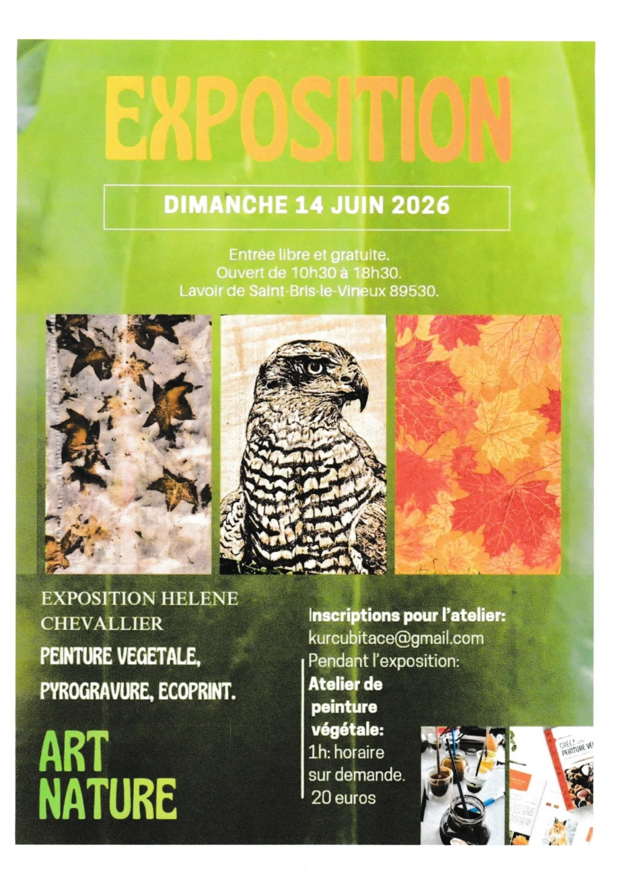 Exposition "Art Nature" par Helene Chevallier (Oeuvres naturelles - Peinture végétale - Pyrogravure - Ecoprint sur tissus et papiers) + Atelier de peinture végétale – Saint Bris le Vineux (Lavoir de Gouaix / D956 / sortie de Saint-Bris-le-Vineux  en direction de Saint Cyr) (affiche de l’événement)