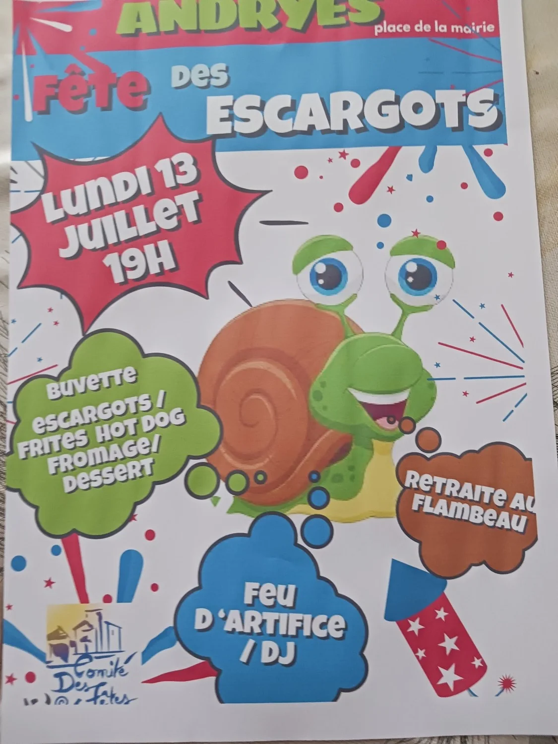 Fête des escargots : restauration, dj, retraite aux flambeau, feu d'artifice – Andryes (Place de la mairie) (affiche de l’événement)