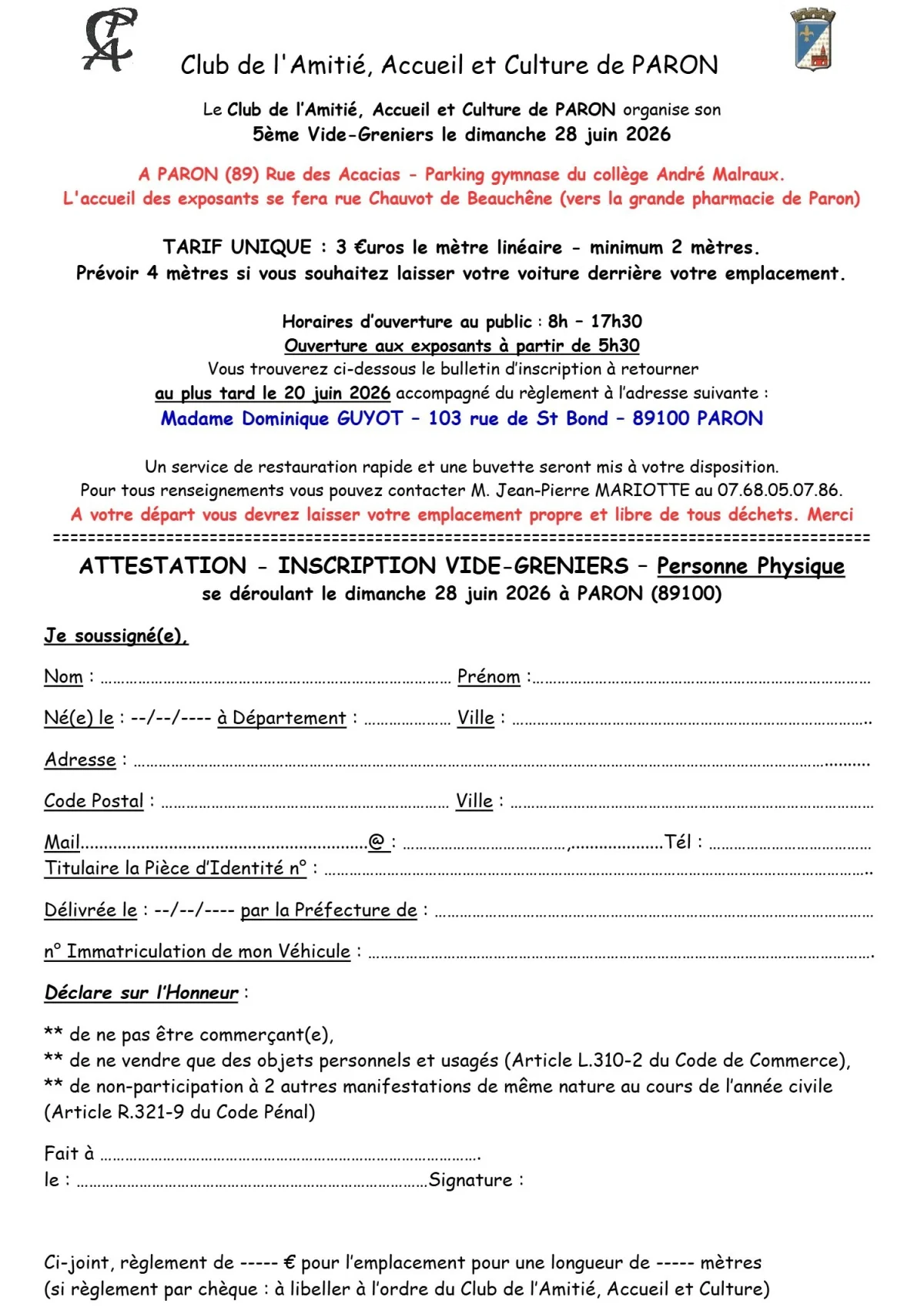 Annulé et reporté au 19 juillet // Grand vide greniers extérieur – Paron (Rue des acacias - parking du gymnase du collège - rue Edmé Pierre Chauvot de Beauchêne) (affiche de l’événement)