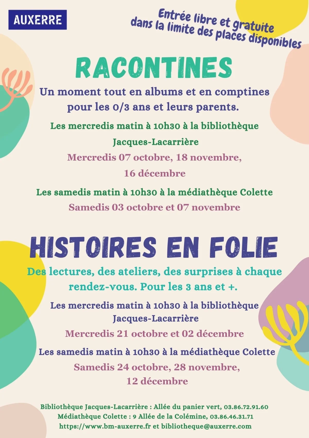Histoires en folie – Auxerre (bibliothèque Jacques-Lacarrière) (affiche de l’événement)