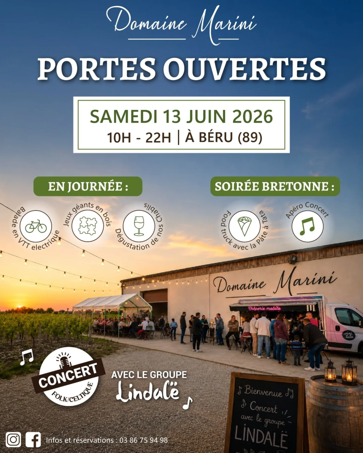 Journée Portes ouvertes : balade en VTT électrique, jeux géants en bois, dégustation de Chablis + Soirée bretonne et apéro-concert folk-celtique avec le groupe Lindalë et food-truck avec la Pâte à Tata – Béru (Chai du domaine Marini) (affiche de l’événement)