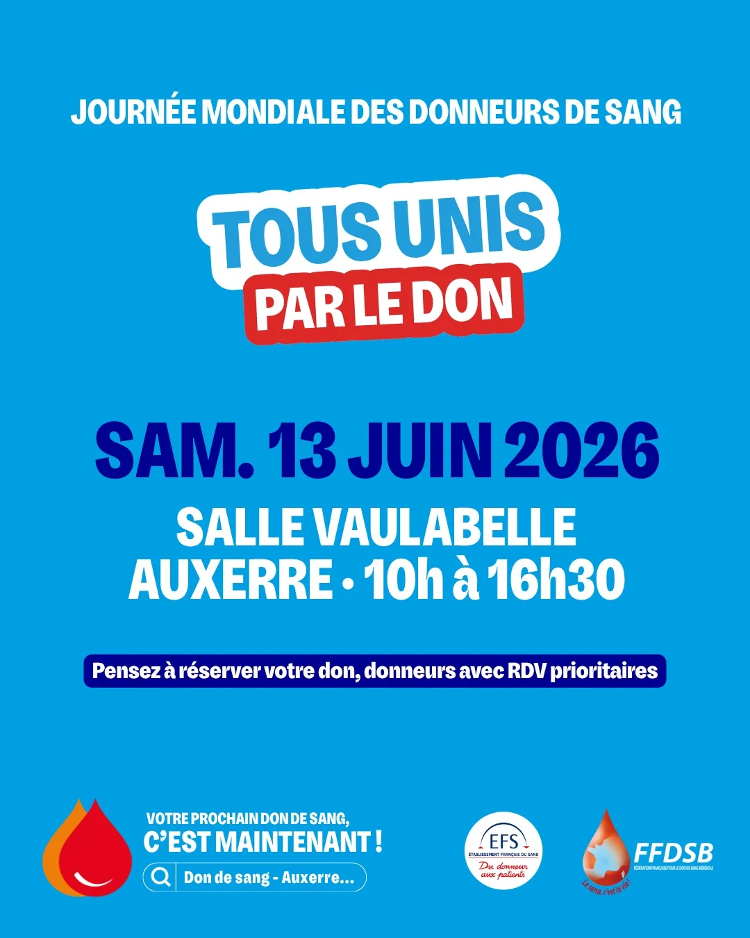 Journées Mondiales des Donneurs de Sang – Auxerre (Salle Vaulabelle) (affiche de l’événement)
