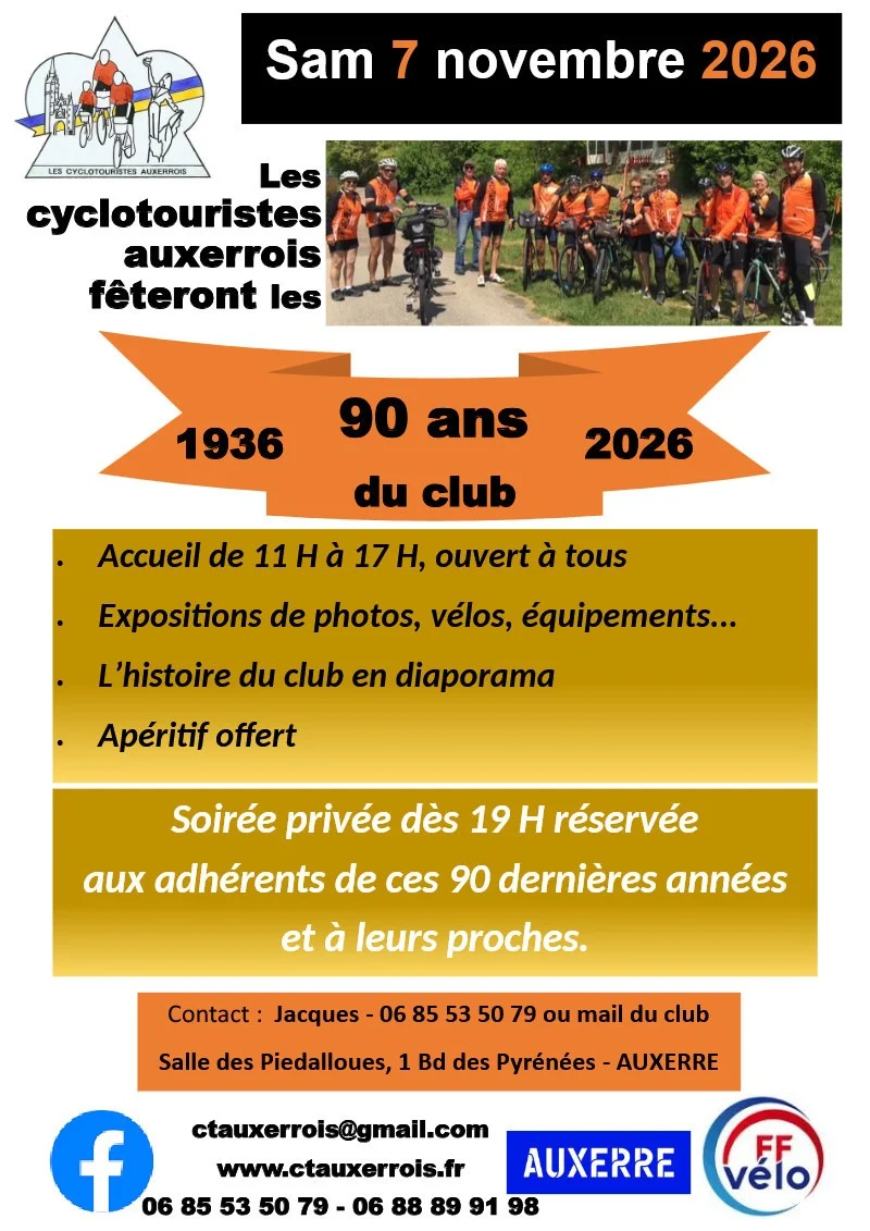 Les Cyclo Touristes Auxerrois fêterons leur 90 ans – Auxerre (Salle des Piedalloues) (affiche de l’événement)