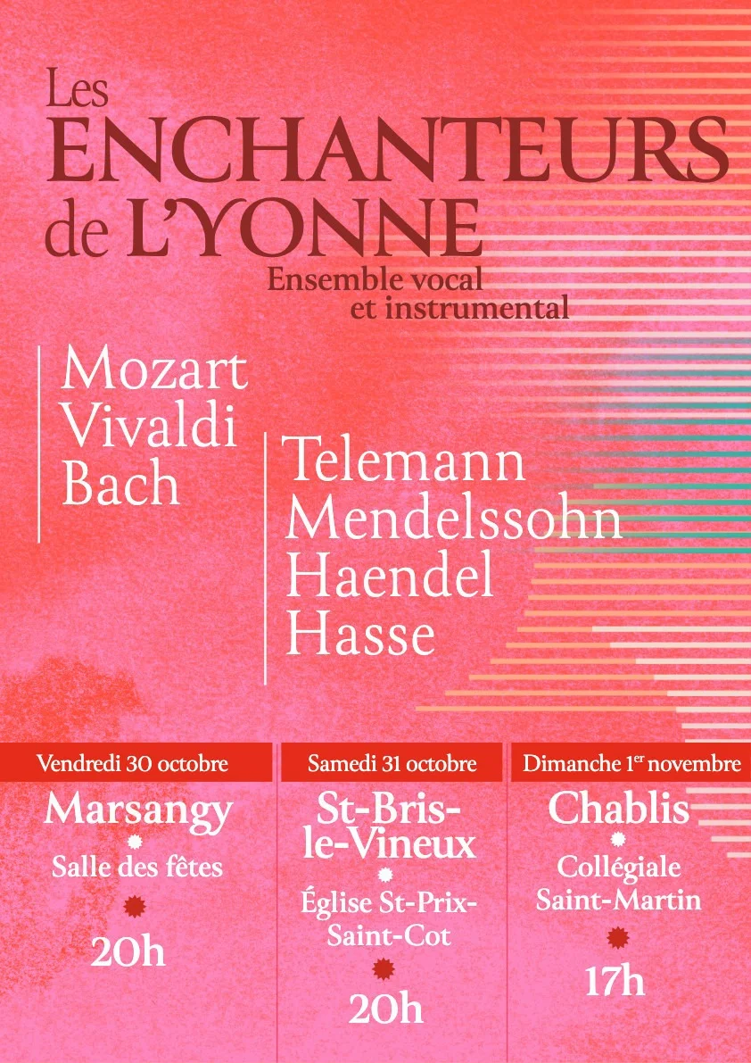 Concert avec l’ensemble instrumental et vocal "Les Enchanteurs de l’Yonne" (chefs-d’œuvre baroques et classiques : Mozart, Vivaldi, Bach, Telemann, Mendelssohn, Haendel, Hasse) – Marsangy (Salle des fêtes) (affiche de l’événement)