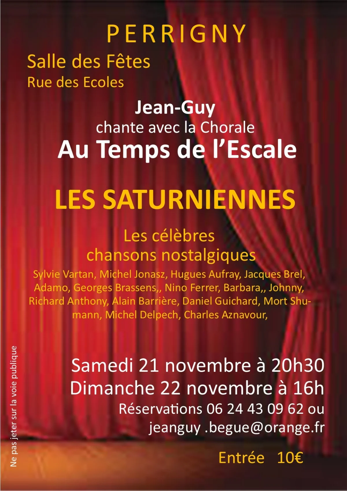 Concert "Les Saturniennes" (célèbres chansons nostalgiques) : Jean-Guy chante avec la chorale Au Temps de l'Escale – Perrigny (Salle des fêtes) (affiche de l’événement)