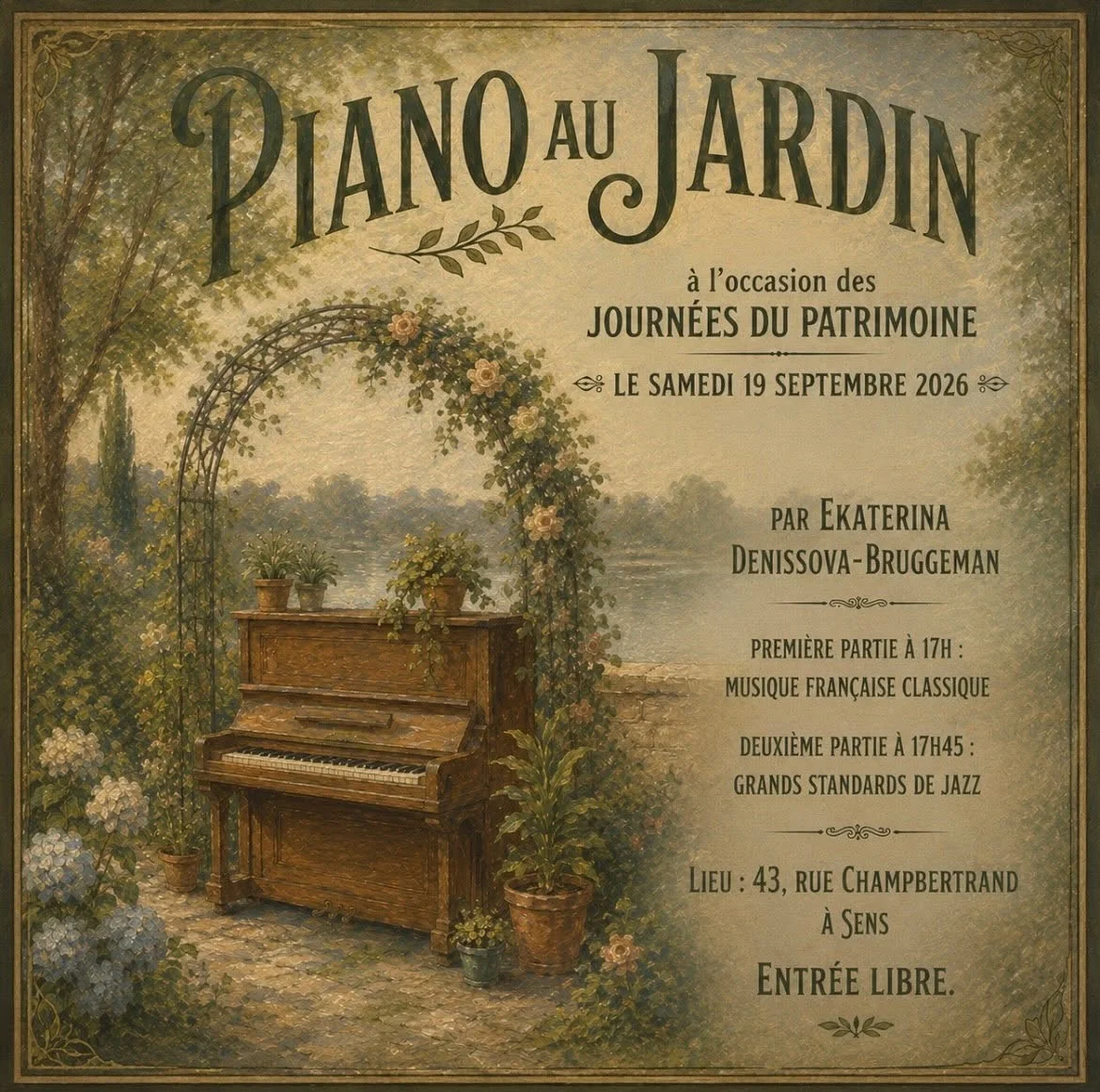 Piano au jardin à l'occasion des Journées du patrimoine : la pianiste Ekaterina Denissova-Bruggeman installe son piano dans le jardin. – Sens (Le jardin du 43 / rue Champbertrand) (affiche de l’événement)