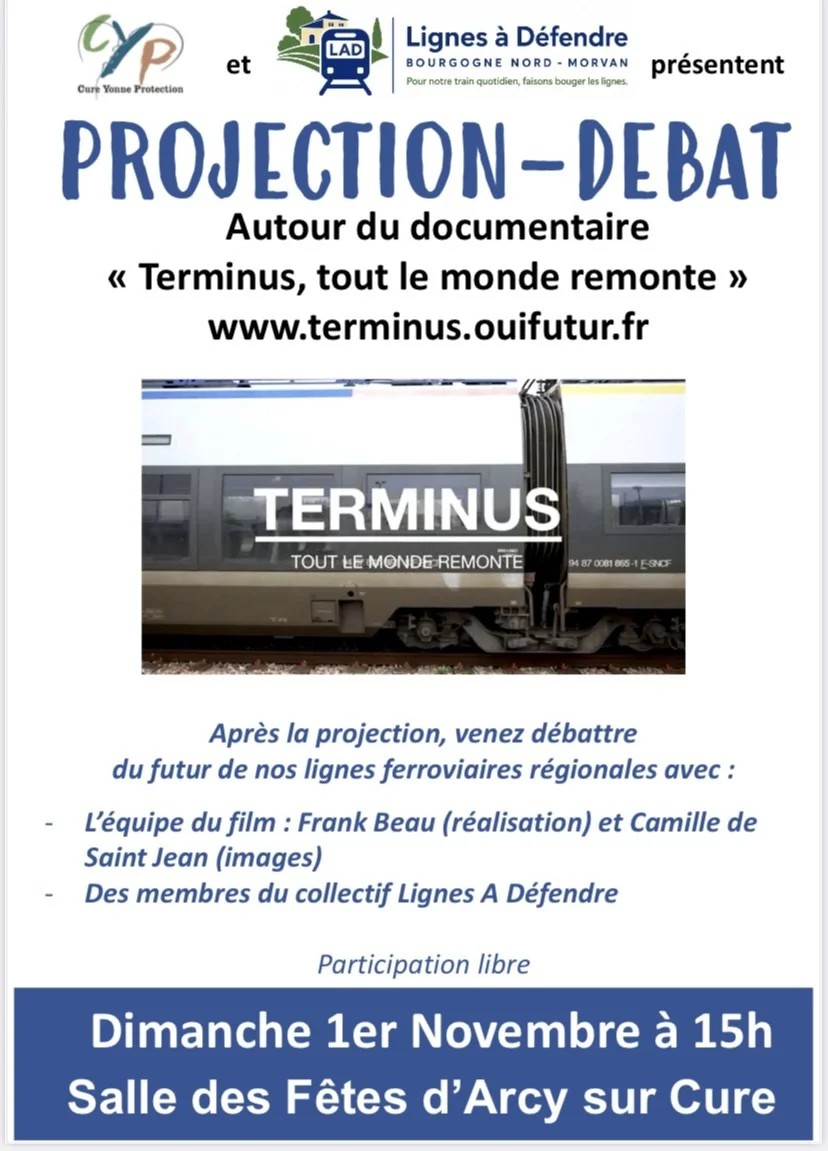 Projection documentaire de « terminus, tout le monde remonte » – Arcy-sur-Cure (Salle des fêtes) (affiche de l’événement)