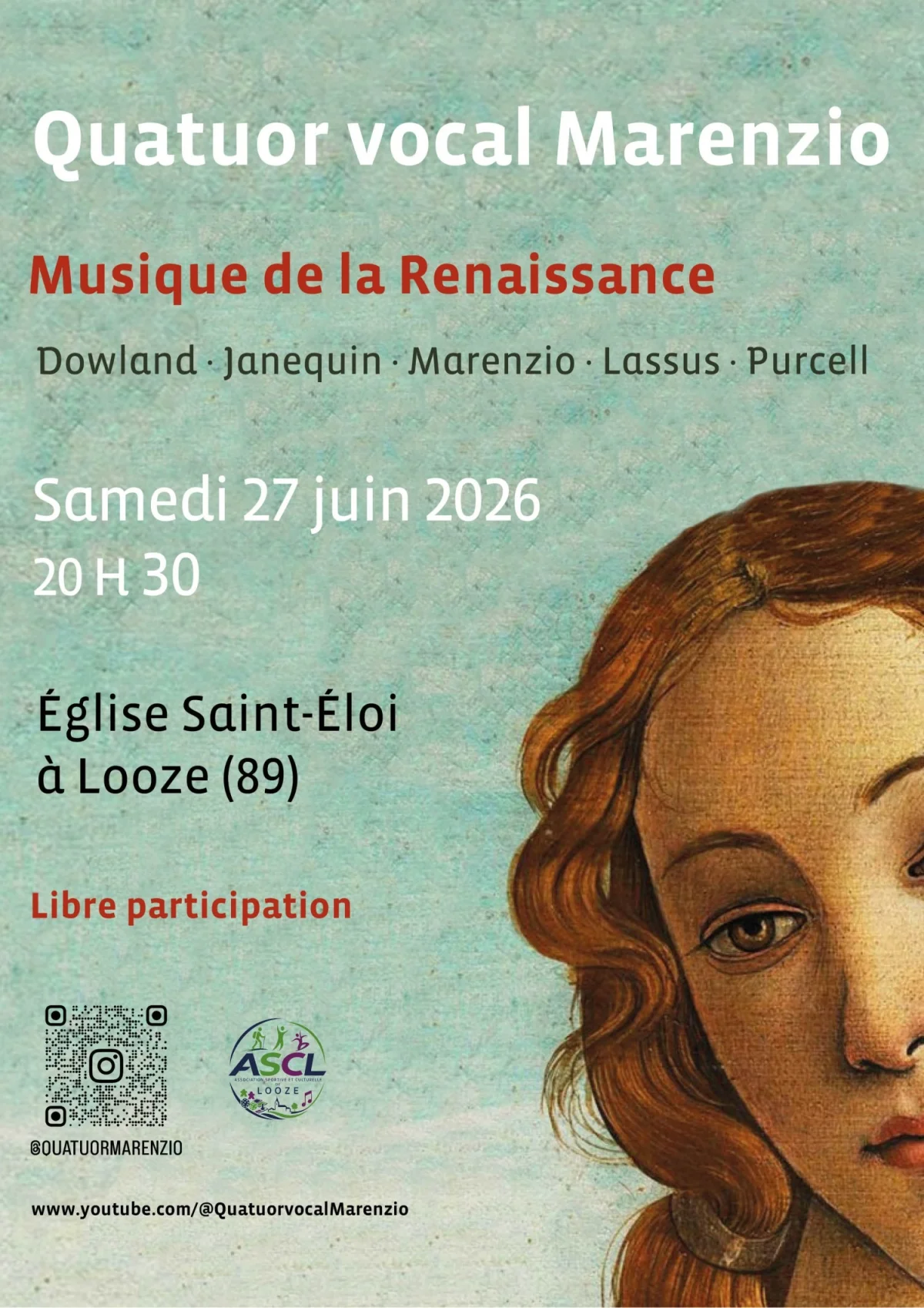 Quatuor vocal Marenzio / Musique de la Renaissance – Looze (Église Saint-Éloi) (affiche de l’événement)