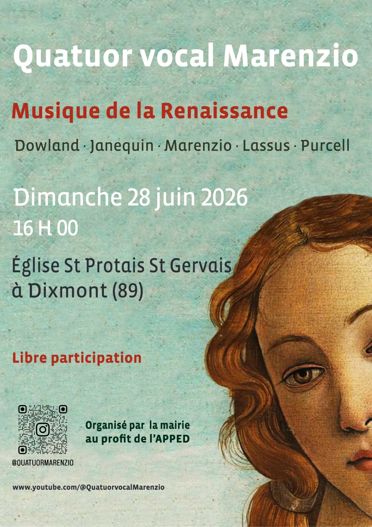 Quatuor Vocal Marenzio / Musique de la renaissance : Oeuvres de Dowland, Janequin, Marenzio, Tallis, Lassus, Purcell ... – Dixmont (Église Saint Protais - Saint Gervais de Dixmont) (affiche de l’événement)