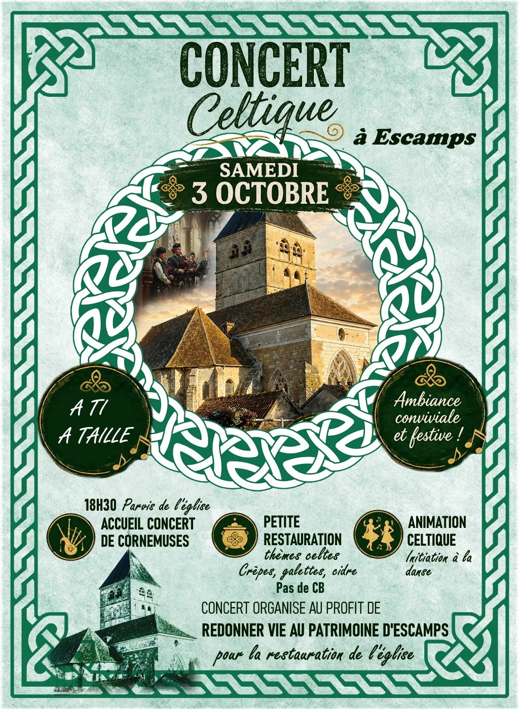 Soirée celtique avec le groupe A Ti A Taille – Escamps (Eglise et salle des Fêtes) (affiche de l’événement)
