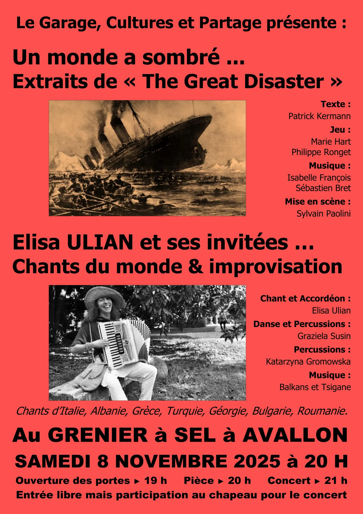 Soirée Théâtre-Concert : Un monde a sombré... (Extraits de "The Great Disaster") + Elisa Ulian et ses invitées... (Chants du monde & improvisation) – Avallon (Grenier à Sel) (affiche de l’événement)