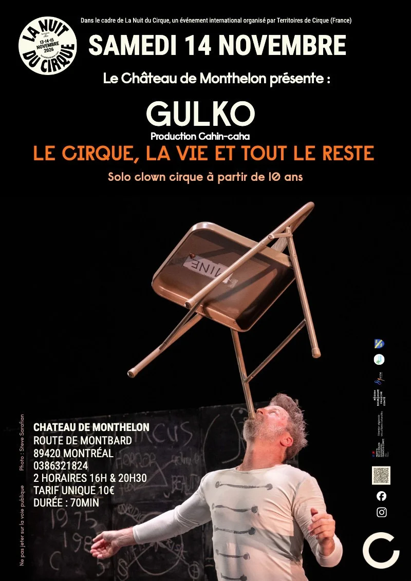 Spectacle "Le cirque, la vie et tout le reste" par Gulko/Cahin-Caha / Solo de clown cirque – Montreal (chateau de Monthelon) (affiche de l’événement)