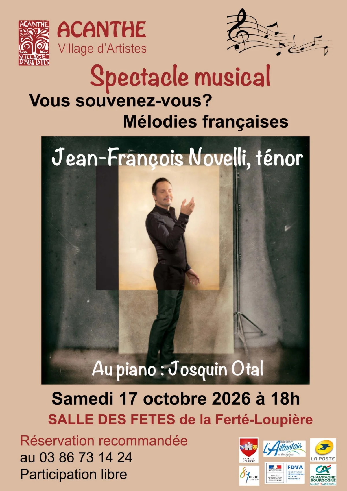 Spectacle musical  "vous souvenez-vous ?" mélodies françaises avec Jean-François Novelli ténor et Josquin Otal – La Ferté-Loupière (Salle des fêtes / face à l'église, entrée sur la gauche) (affiche de l’événement)