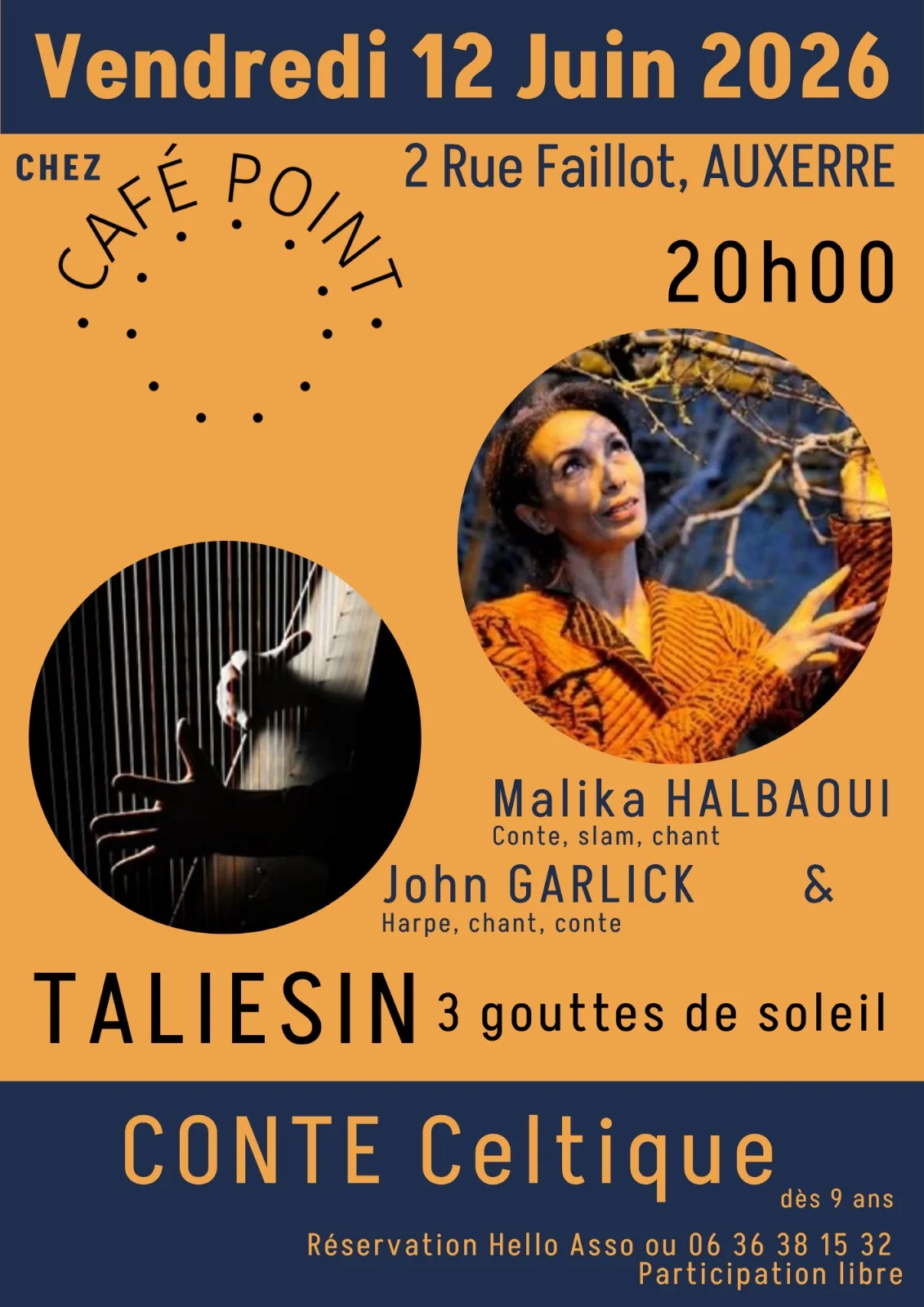 Taliesin, 3 gouttes de soleil / Conte musical - Harpe et Chant. – Auxerre (Café Point) (affiche de l’événement)