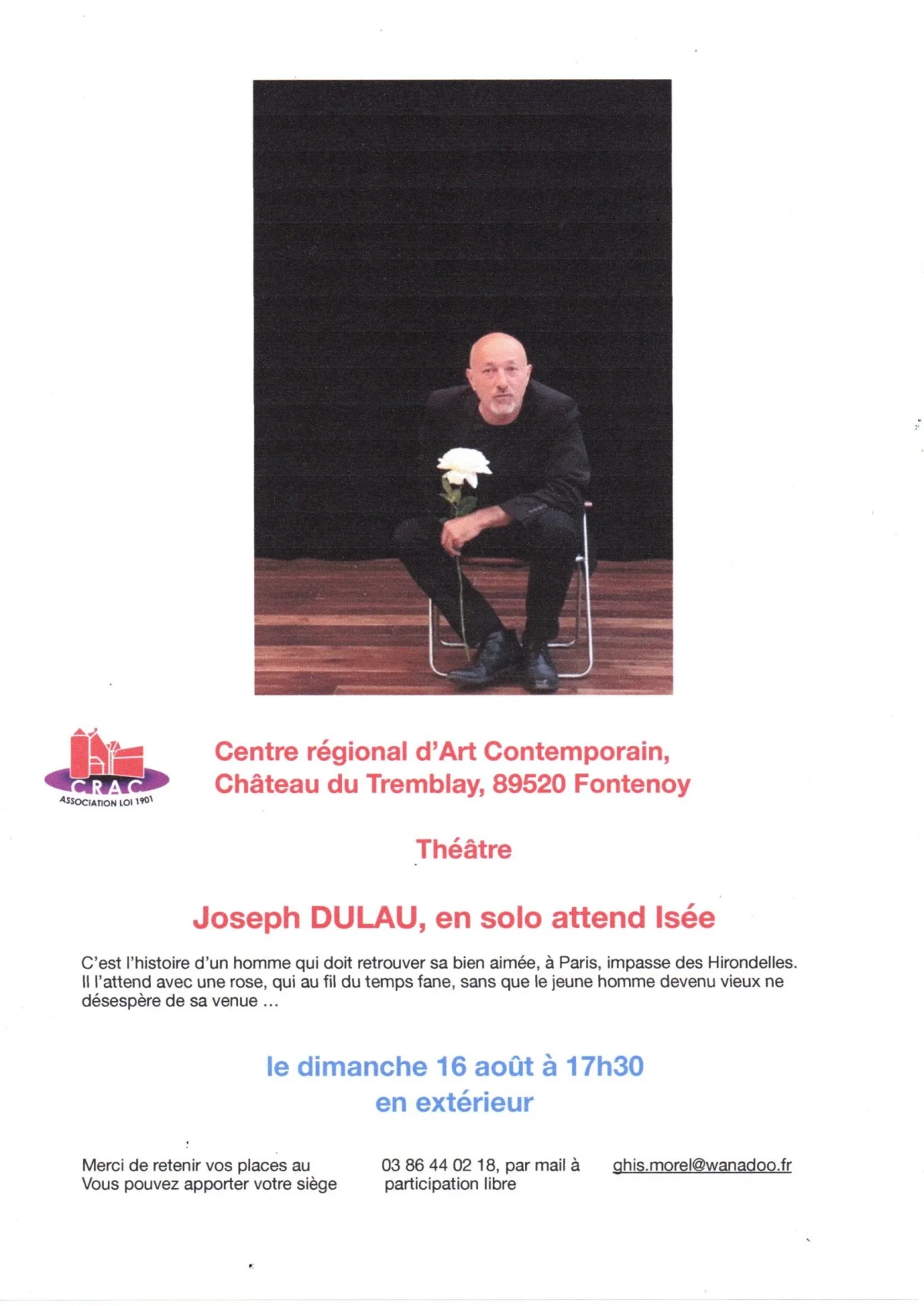 Théâtre : Joseph Dulau, en solo attend Isée – Fontenoy (Centre Régional d'Art Contemporain / CRAC / Château du Tremblay / en extérieur) (affiche de l’événement)