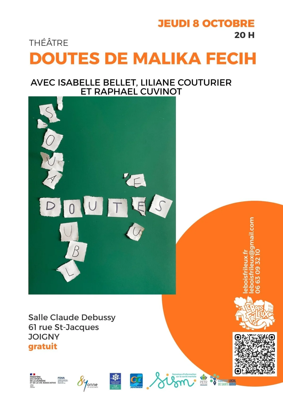 Théâtre : "Doutes" une pièce de Malika Fecih, suivi d'un débat sur l'aide aux aidants – Joigny (Salle Claude Debussy) (affiche de l’événement)