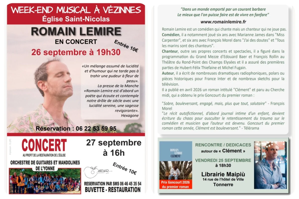 week-end musical à Vézinnes / 2 concerts vous sont proposés – Vezinnes (Eglise) (affiche de l’événement)