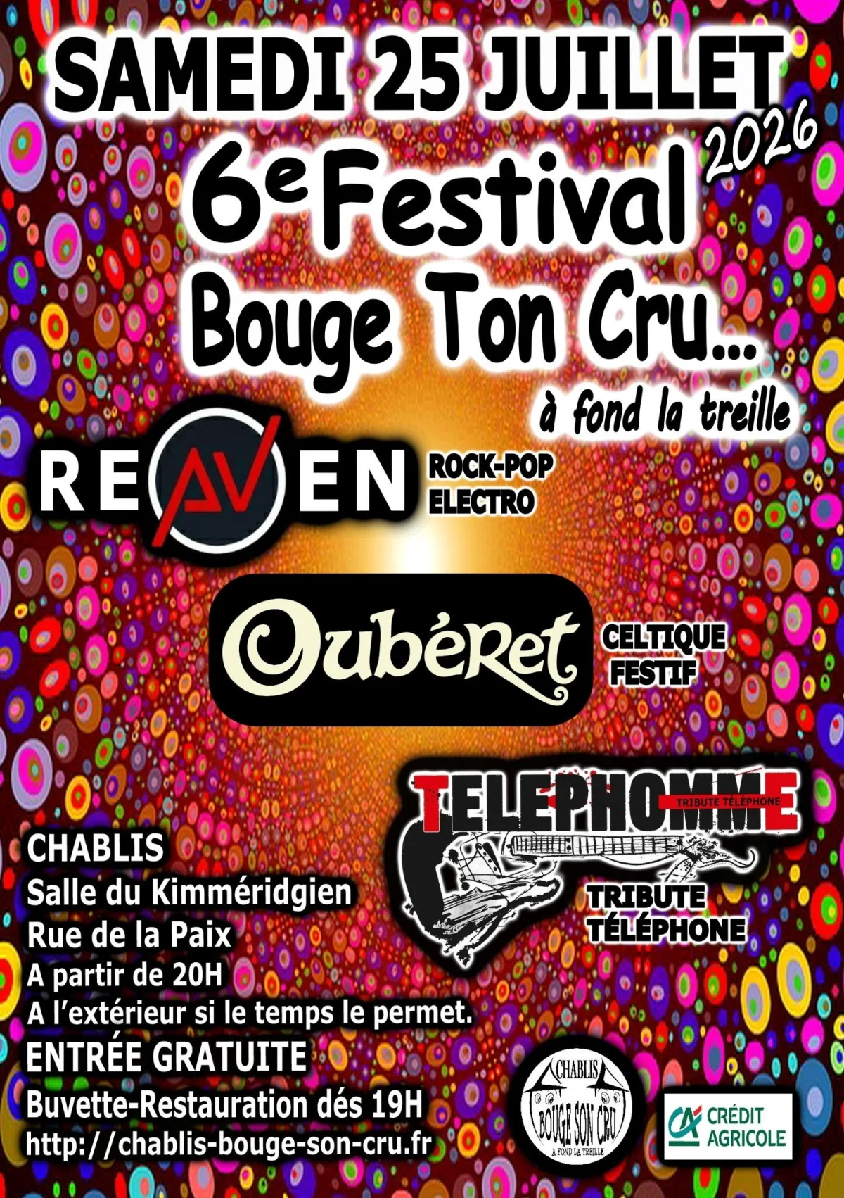 6ème Festival Bouge Ton Cru... à fond la treille : Concerts avec Reaven (Rock-Pop Electro) + OubéRet (Celtique festif) + Téléphomme (Tribute Téléphone) – Chablis (Salle du Kimméridgien / En extérieur si le temps le permet) (affiche de l’événement)