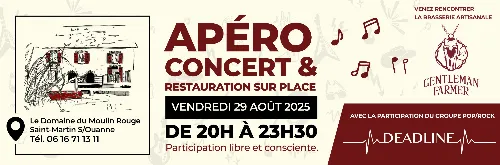 Apéro-concert avec Deadline (pop-rock) avec la présence de la Brasserie artisanale Gentleman Farmer – Saint-Martin-sur-Ouanne (Le Moulin Rouge) (affiche de l’événement)