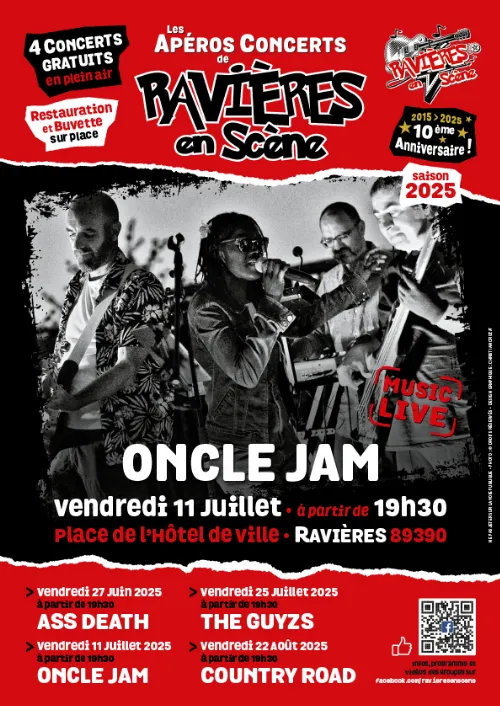 Ravières en Scène (10ème édition) : 2ème apéro-concert avec Oncle Jam (Soul & Funk) – Ravières (Place de l'Hôtel de Ville) (affiche de l’événement)