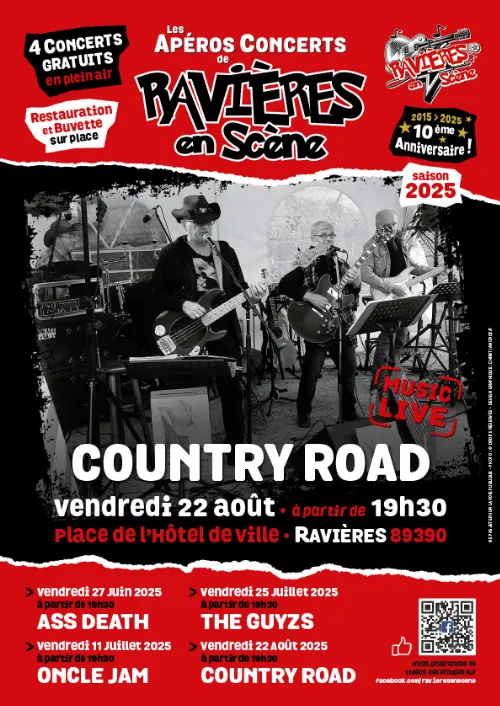 Ravières en Scène (10ème édition) : 4ème apéro-concert avec Country Road (Reprises Blues Country traditionnelle / Bluegrass du Texas) – Ravières (Place de l'Hôtel de Ville) (affiche de l’événement)