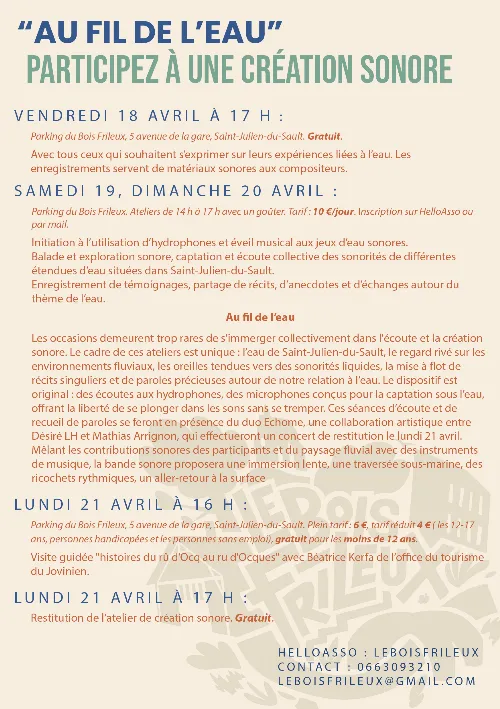 "Au fil de l'eau" Expérience immersive autour de l’eau et du son, avec enregistrements, écoutes hydrophone, balades sonores et un concert de restitution / Ateliers animés par le duo Echome, mêlant témoignages, musique et paysages sonores – Saint-Julien-du-Sault (parking du Bois Frileux) (affiche de l’événement)