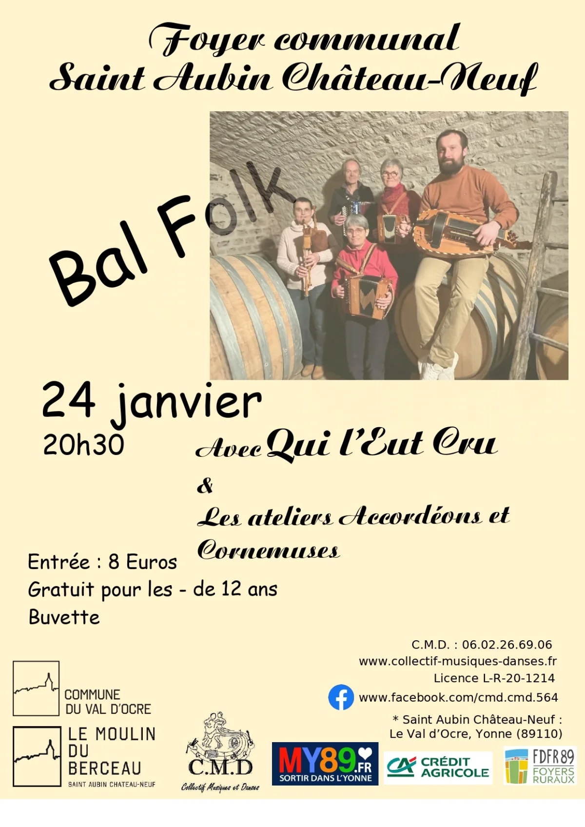 Bal folk avec Qui l'Eut Cru & Parissi + Les ateliers Accordéons et Cornemuses – Saint-Aubin-Château-Neuf / Le Val d'Ocre (Foyer communal) (affiche de l’événement)