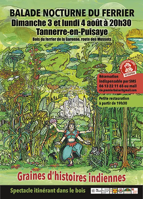 Balade nocturne du Ferrier de Tannerre et spectacle itinérant dans le bois "Graines d'histoires indiennes" avec la Compagnie Premier Baiser (tout public) – Tannerre-en-Puisaye (Bois du ferrier de la Garenne / Route des Mussots) (affiche de l’événement)