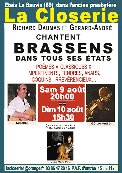 Spectacle : Richard Daumas et Gérard-André chantent Brassens dans tous ses états (chanson française, poésie) – Etais-la-Sauvin (Théâtre de la Closerie) (affiche de l’événement)
